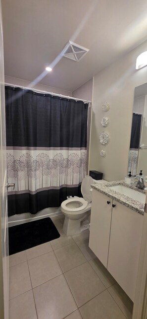 Hair dryer, towels, soap, toilet paper