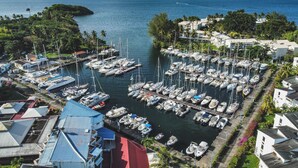 A marina with numerous boats docked, surrounded by residential buildings and greenery. - Studio Zaboka - Beaches & Marina Ideal for couples, many activities on foot! (Les Trois-Îlets)