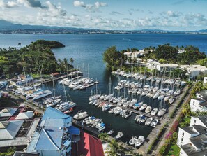 A marina with numerous boats docked, surrounded by residential buildings and greenery.