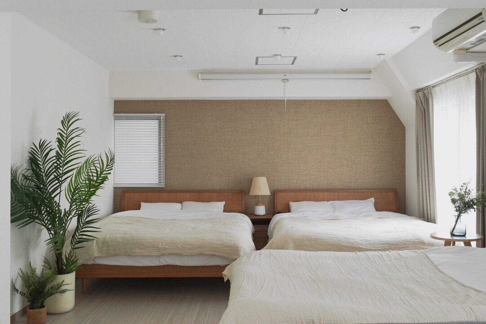 A hotel room with two beds, a large window with blinds, a ceiling fan, and a potted plant.