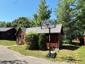 A basketball hoop installed on a wooden building with a gravel driveway and surrounding greenery.