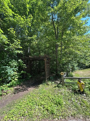 A wooden pergola structure surrounded by lush green foliage.