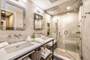 Shower, hair dryer, towels, soap