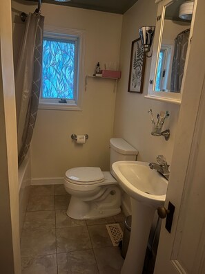 Hair dryer, towels, soap, shampoo