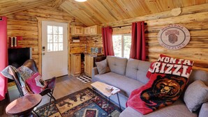 A cozy cabin interior with a wooden ceiling, a sofa, a small table, and a rug. - McGregor Lake Access: Cabin in Wooded Wilderness (Marion)