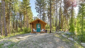 Un chalet rustique avec une porte verte, entouré d’une forêt.