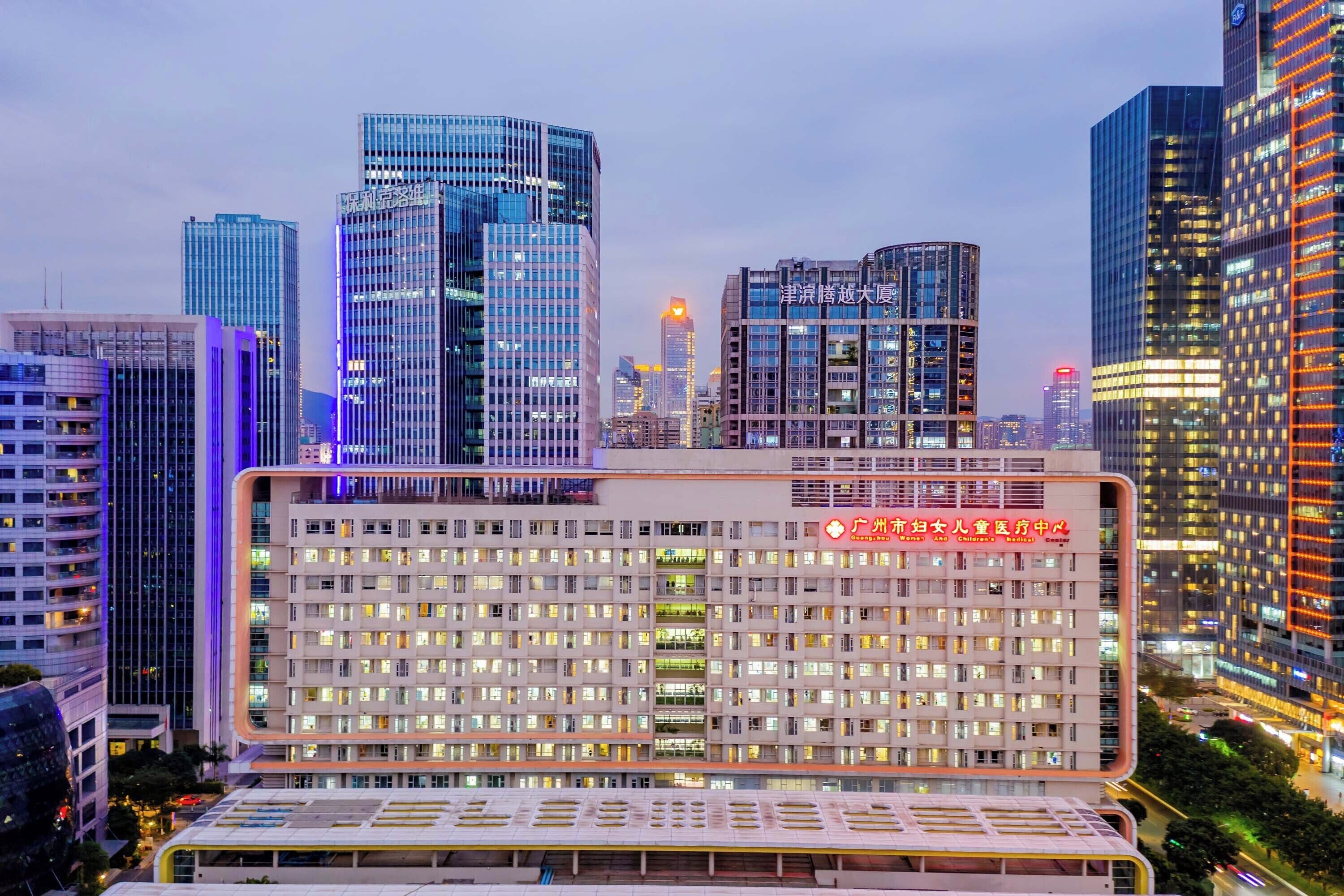 Un moderno horizonte urbano con edificios altos, incluyendo un edificio destacado con una fachada de ventanas enrejadas y un letrero en idioma extranjero.