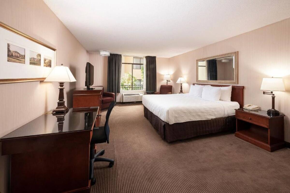 Une chambre d’hôtel avec un lit, un bureau, une chaise et une grande fenêtre avec des rideaux.