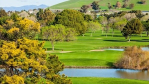 Un campo de golf con un estanque, árboles y un paisaje montañoso al fondo.