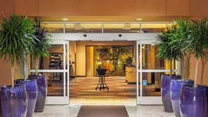 Entrada de hotel con puerta de vidrio, suelo de mármol y grandes macetas a ambos lados.