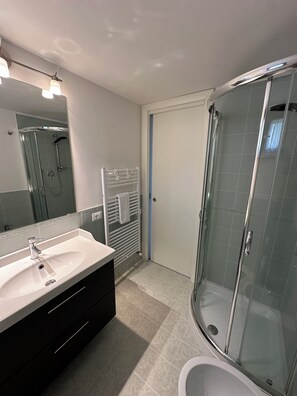 Shower, hair dryer, bidet, towels