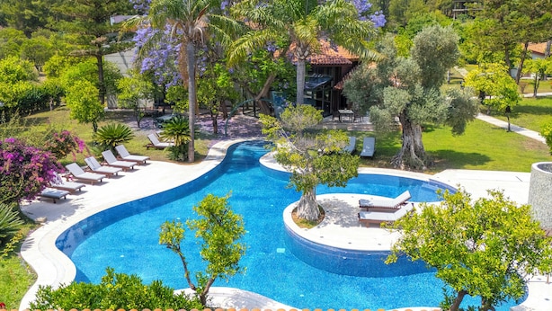 A pool area with a curved design, surrounded by lush greenery and trees. There are lounge chairs and a small pavilion. - Cottage House - Adult Only (Kemer)