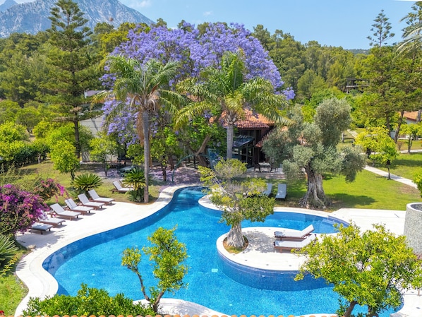 Seasonal outdoor pool, pool umbrellas, sun loungers