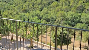 Ein Balkon mit rundem Tisch und Stühlen mit Blick auf einen bewaldeten Hang.