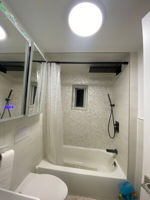 Shower, towels, soap, toilet paper