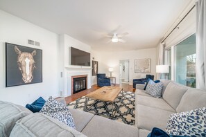 Smart TV, fireplace, books