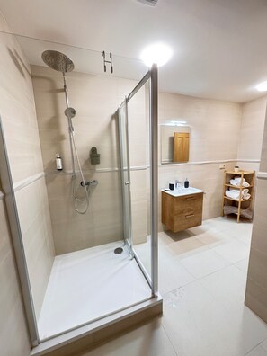 Shower, hair dryer, bidet, towels