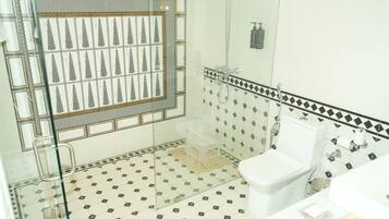 Shower, slippers, towels, soap