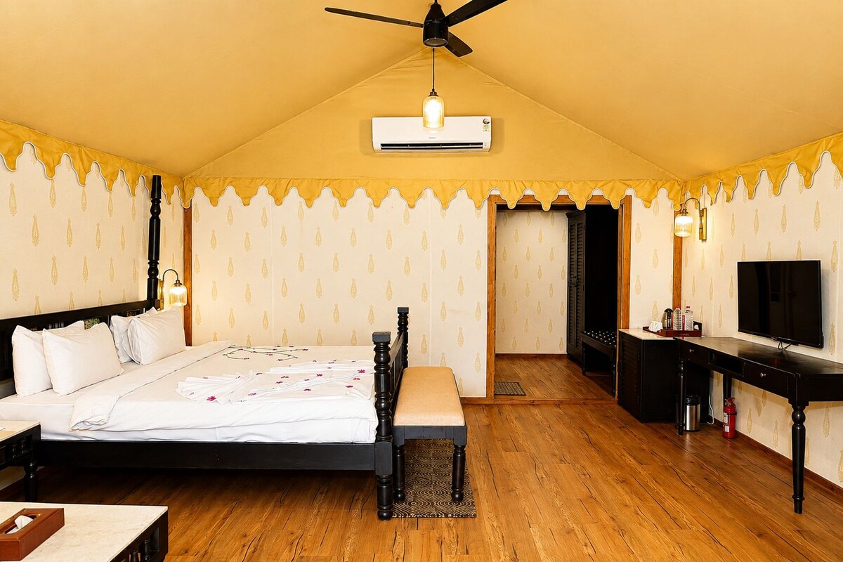 A hotel room with a bed, a desk, a television, and an air conditioning unit.