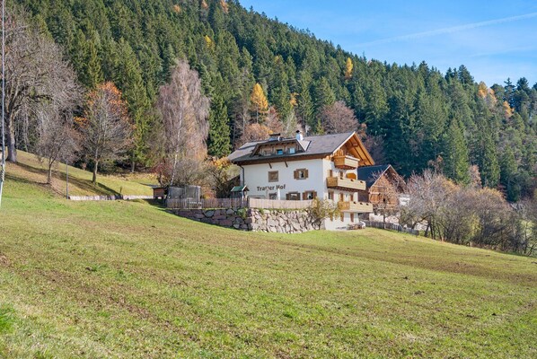 Un edificio de estilo chalé con base de piedra, balcones de madera y montañas al fondo.