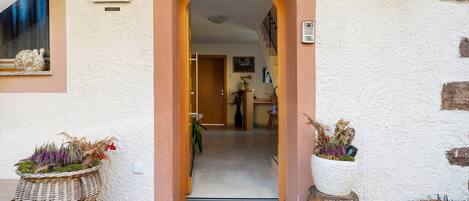 Una entrada con puerta de madera, felpudo y dos plantas en macetas.