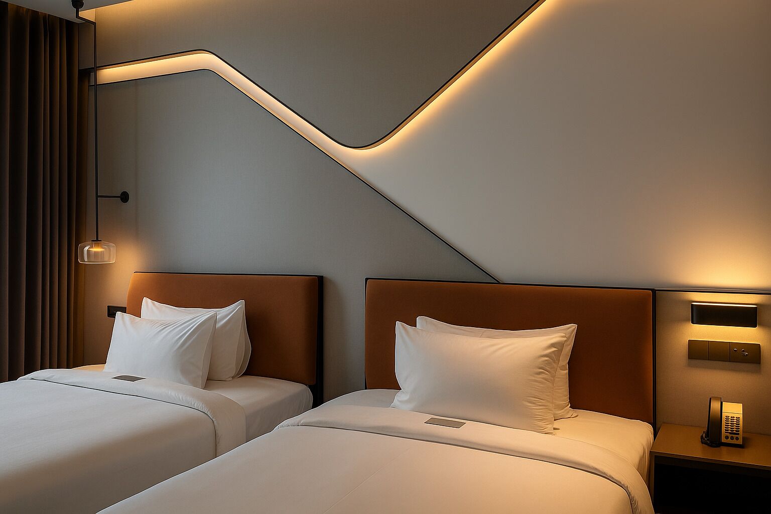 A hotel room with two beds, a modern light fixture, a bedside table with a phone, and a wall-mounted control panel.