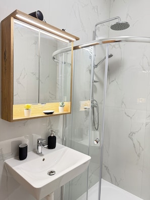 Shower, hair dryer, towels, soap