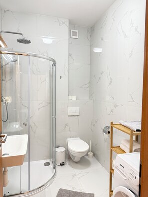 Shower, hair dryer, towels, soap