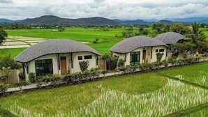 A row of two-story houses with flat roofs, surrounded by terraced rice fields and mountains in the background. - Capybara Zen Resort And Spa (Mae Pong)