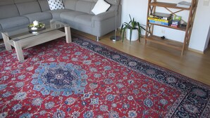 Een woonkamer met een grijze bank, een glazen salontafel, een rood tapijt met patroon, een boekenkast en een potplant.