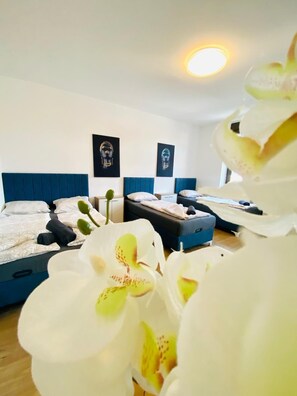 Et hotelværelse med to senge, en blå sengegavl, hvidt sengetøj og to billeder i rammer på væggen.