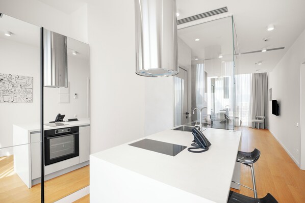 Studio Apartment With terrace | Cocina privada | Frigorífico grande, placa de cocina, utensilios de cocina y congelador