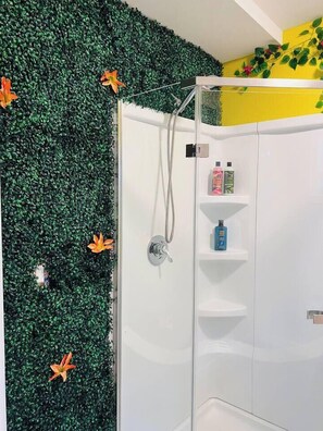 Shower, hair dryer, towels