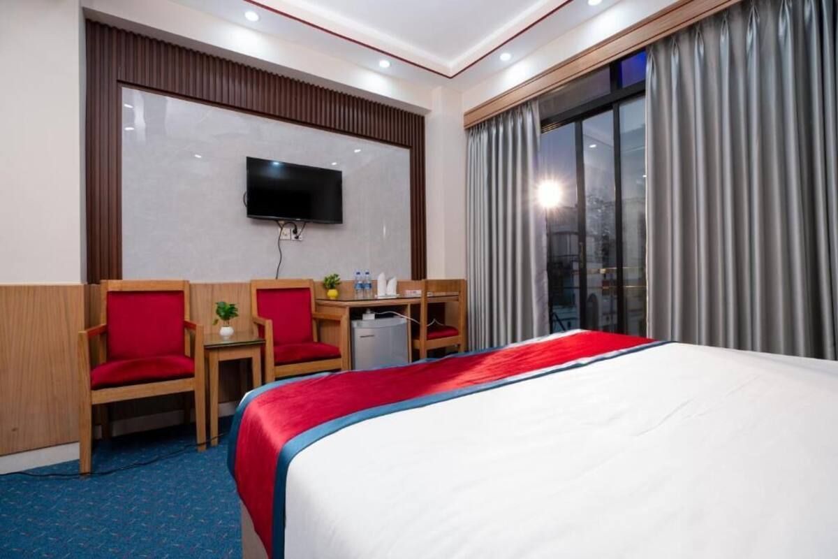 A hotel room with a large bed, two red chairs, a small table with a plant, a TV mounted on the wall, and a window with curtains.