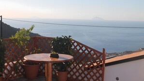A terrace with a table and potted plants, overlooking a coastal view.