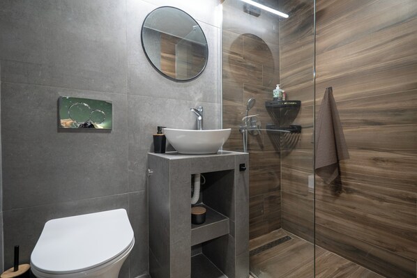 A modern bathroom with a toilet, sink, and mirror.