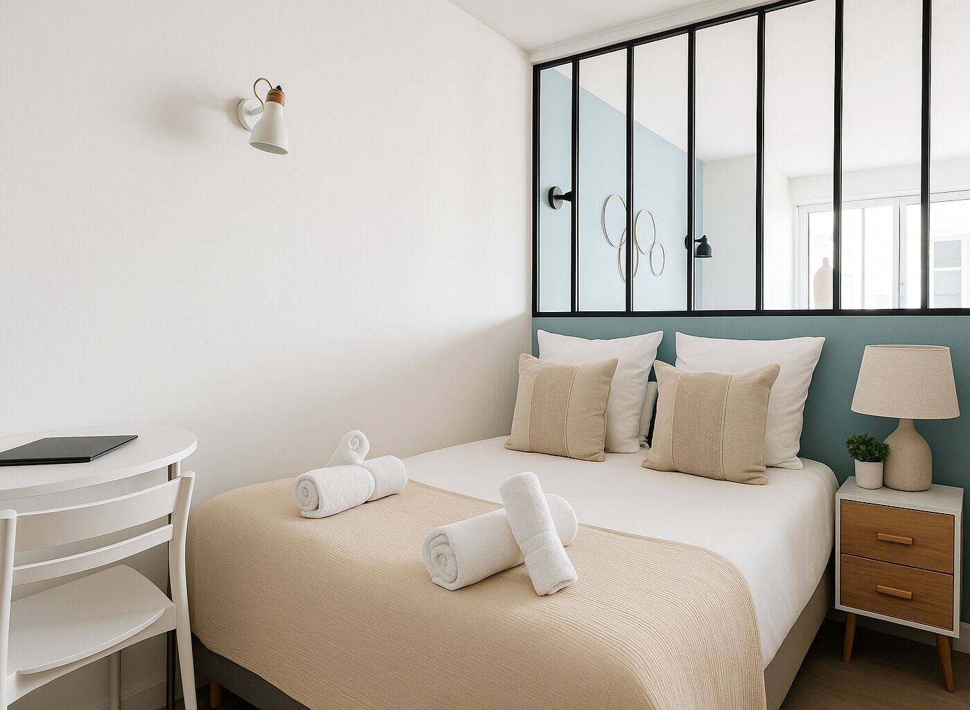 Et hotelværelse med en seng, et sengebord, en lampe og udsigt over byen gennem et stort vindue.