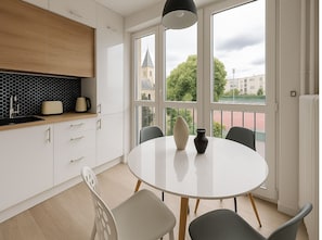 Apartment | Private kitchen | Fridge, microwave, oven, stovetop