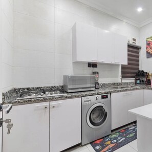 Appartamento familiare, balcone, vista città | Cucina privata | Frigorifero, microonde, forno, piano cottura