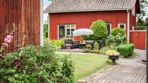 A red wooden house with a tiled roof, a garden with various plants and flowers, outdoor furniture, and a pathway leading to the house.