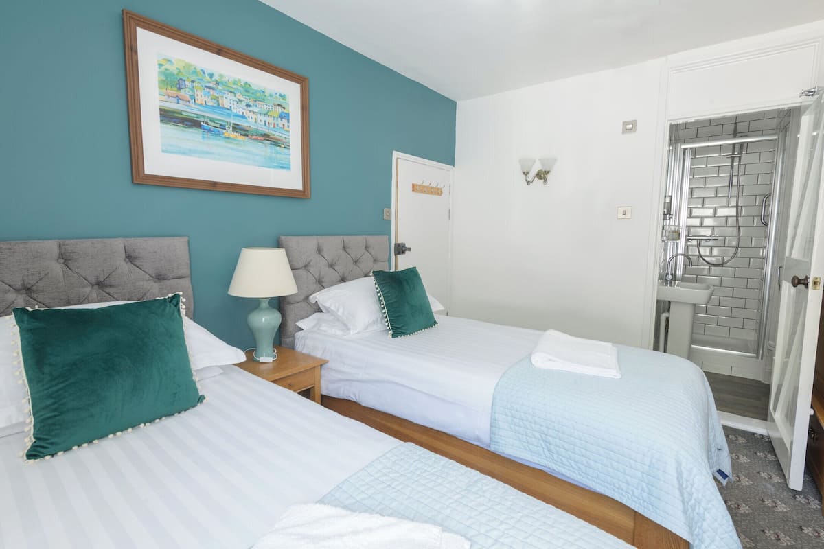 Camera d'albergo con due letti, un quadro appeso al muro, una porta con maniglia e un bagno visibile attraverso una porta di vetro.