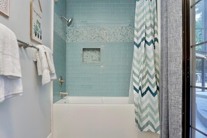 Hair dryer, towels, soap, shampoo