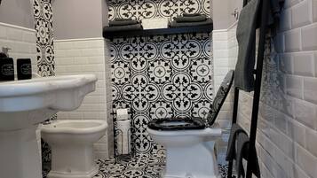 Shower, hair dryer, bidet, towels