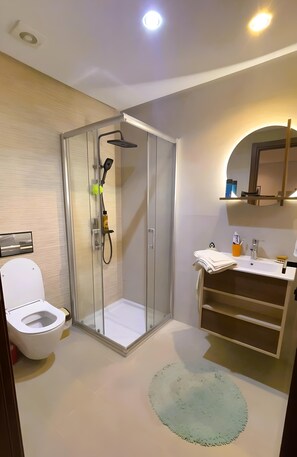 Shower, towels, soap, toilet paper