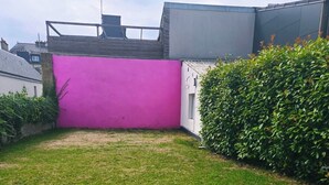 A residential backyard with a grassy lawn, a pink wall, and a hedge.