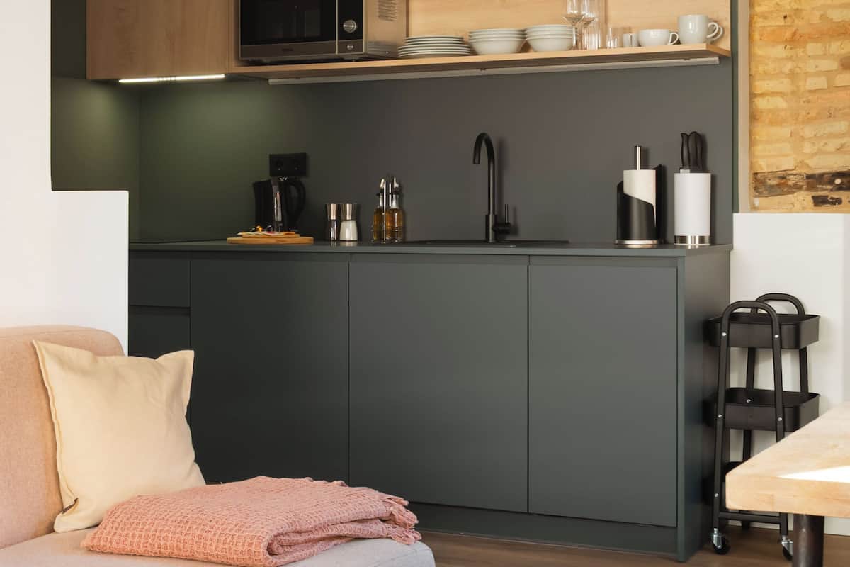 Estudio | Cocina privada | Frigorífico, microondas, placa de cocina y lavavajillas