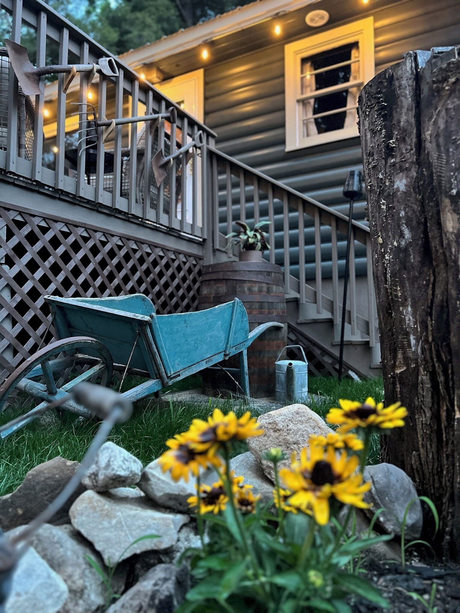 A wooden deck with a wheelbarrow, a ladder, and a tree stump.