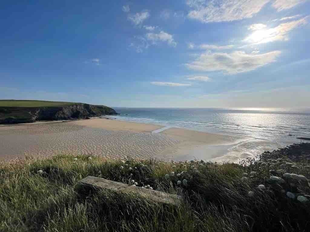 A coastal landscape with a beach, grassy areas, and a clear sky.