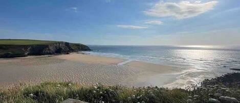 A coastal landscape with a beach, grassy areas, and a clear sky.