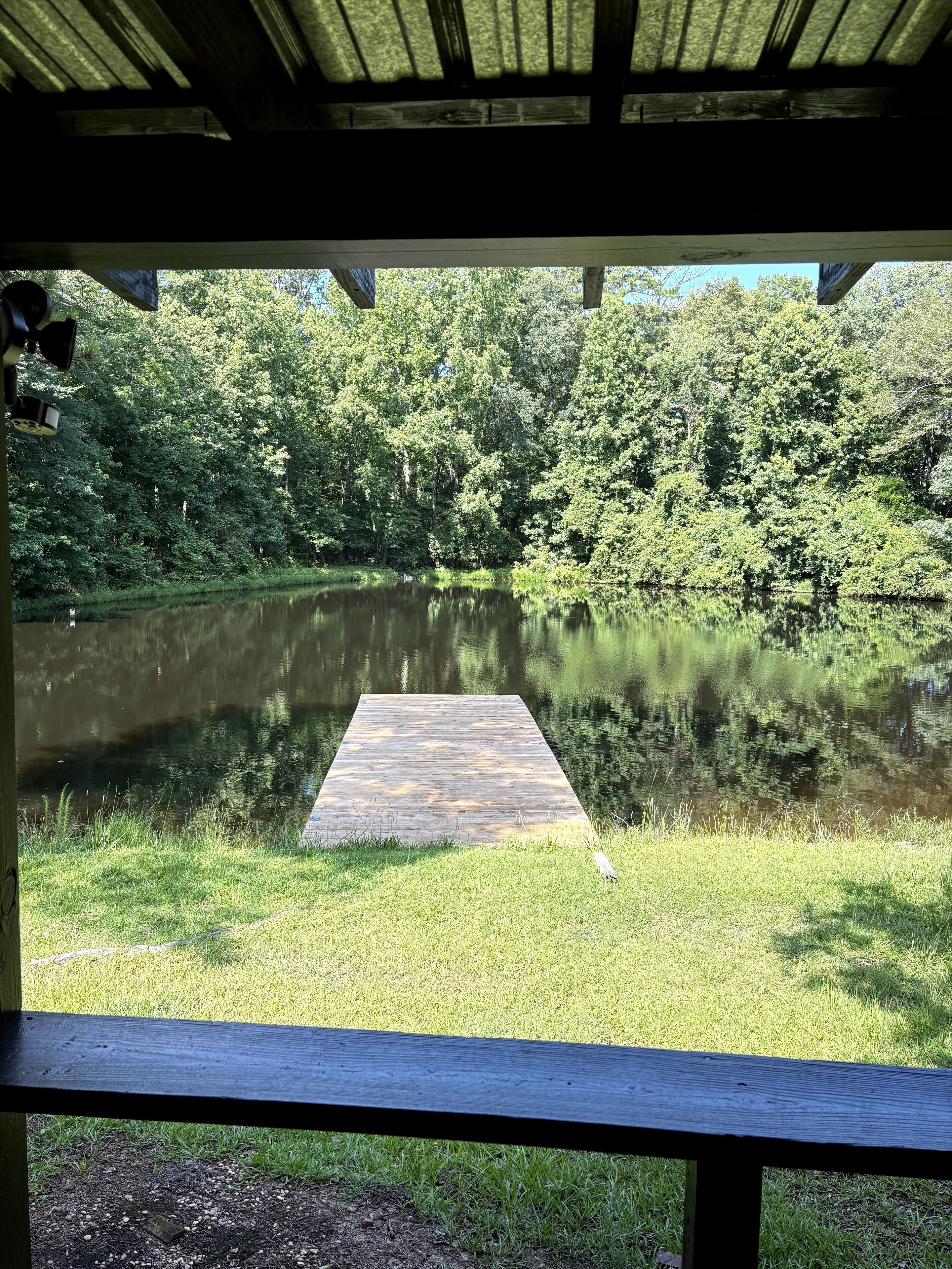 A wooden dock extending into a calm lake surrounded by lush greenery.